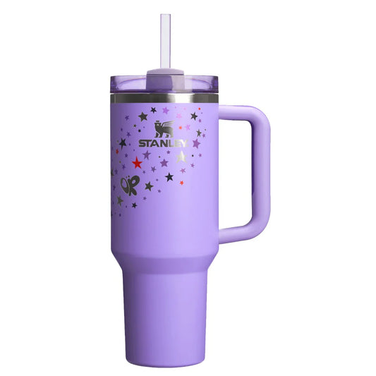 Limited Edition Olivia Rodrigo x Stanley Quencher Tumbler 40oz in purple, featuring exclusive star and butterfly design, durable stainless steel construction, ergonomic handle, reusable straw, and exceptional insulation to keep drinks hot or cold for hours. Perfect for fans of Olivia Rodrigo and stylish hydration on the go.